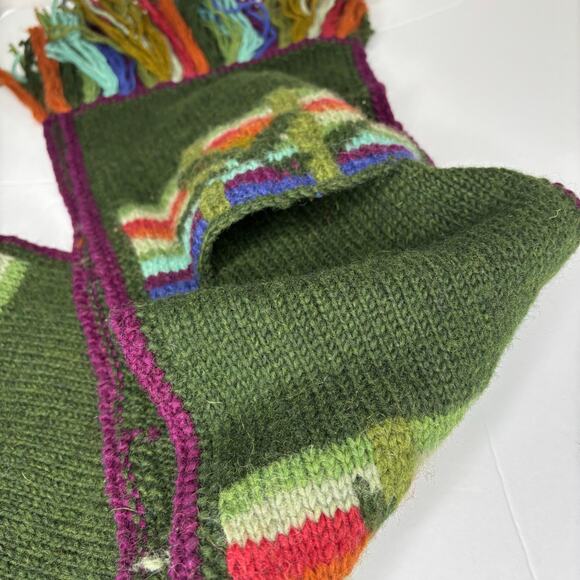 Knit Wool Pocket Scarf Lost Horizons Green Striped Handmade Nepal 9x63 Warm Boho - Picture 4 of 9